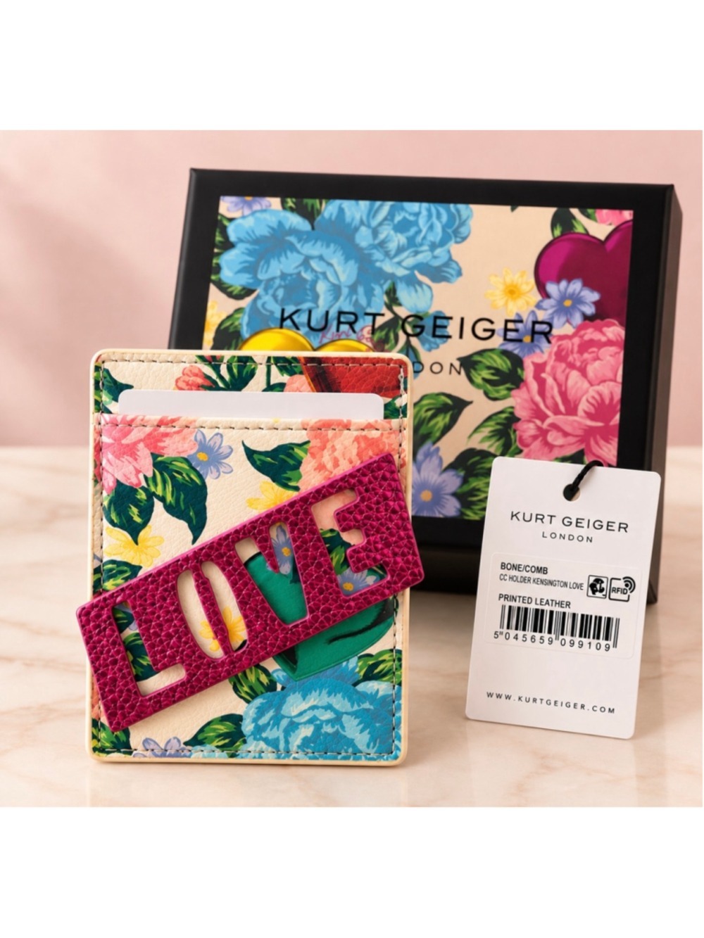 Kurt Geiger Floral Printed Card Holder with Fuchsia 'LOVE' Accent